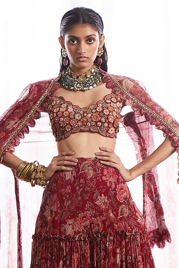 Red Organza & Crinkle Chiffon Printed Wedding Sharara Set by Ridhima Bhasin at Pernia's Pop Up Shop