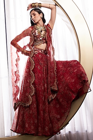 Red Organza Printed Lehenga Set by Ridhima Bhasin
