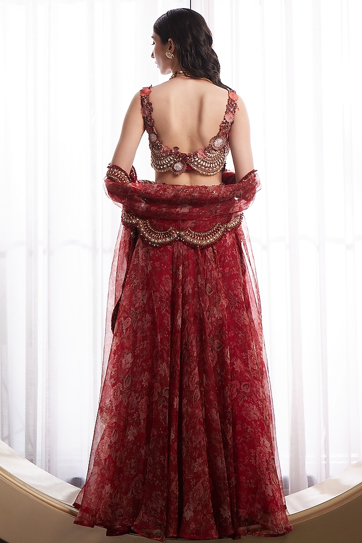 Red Organza Printed Wedding Lehenga Set by Ridhima Bhasin at Pernia's Pop Up Shop