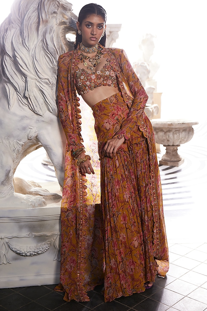 Yellow Organza & Crinkle Chiffon Printed Wedding Sharara Set by Ridhima Bhasin at Pernia's Pop Up Shop