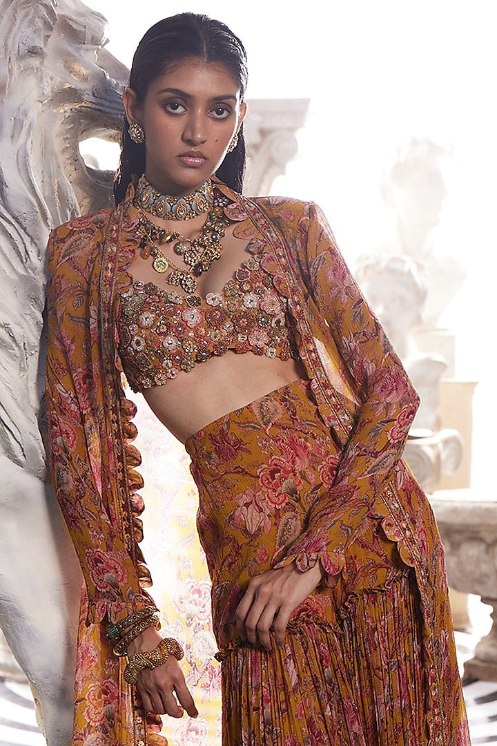 Yellow Organza & Crinkle Chiffon Printed Wedding Sharara Set by Ridhima Bhasin at Pernia's Pop Up Shop