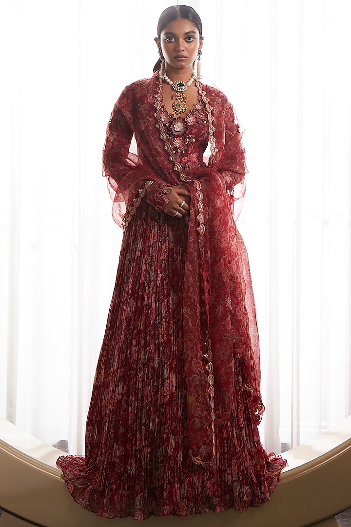 Red Crinkle Chiffon Printed & Embroidered Anarkali Set by Ridhima Bhasin at Pernia's Pop Up Shop