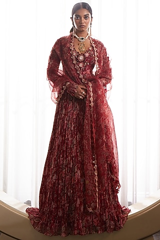 Red Crinkle Chiffon Printed & Embroidered Anarkali Set by Ridhima Bhasin