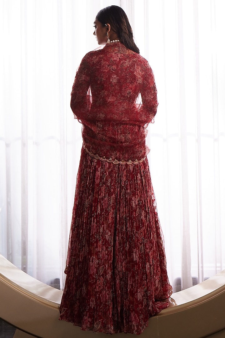 Red Crinkle Chiffon Printed & Embroidered Wedding Anarkali Set by Ridhima Bhasin at Pernia's Pop Up Shop