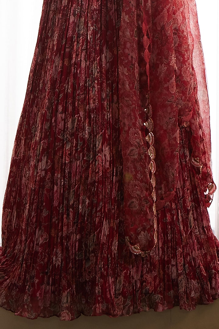 Red Crinkle Chiffon Printed & Embroidered Wedding Anarkali Set by Ridhima Bhasin at Pernia's Pop Up Shop
