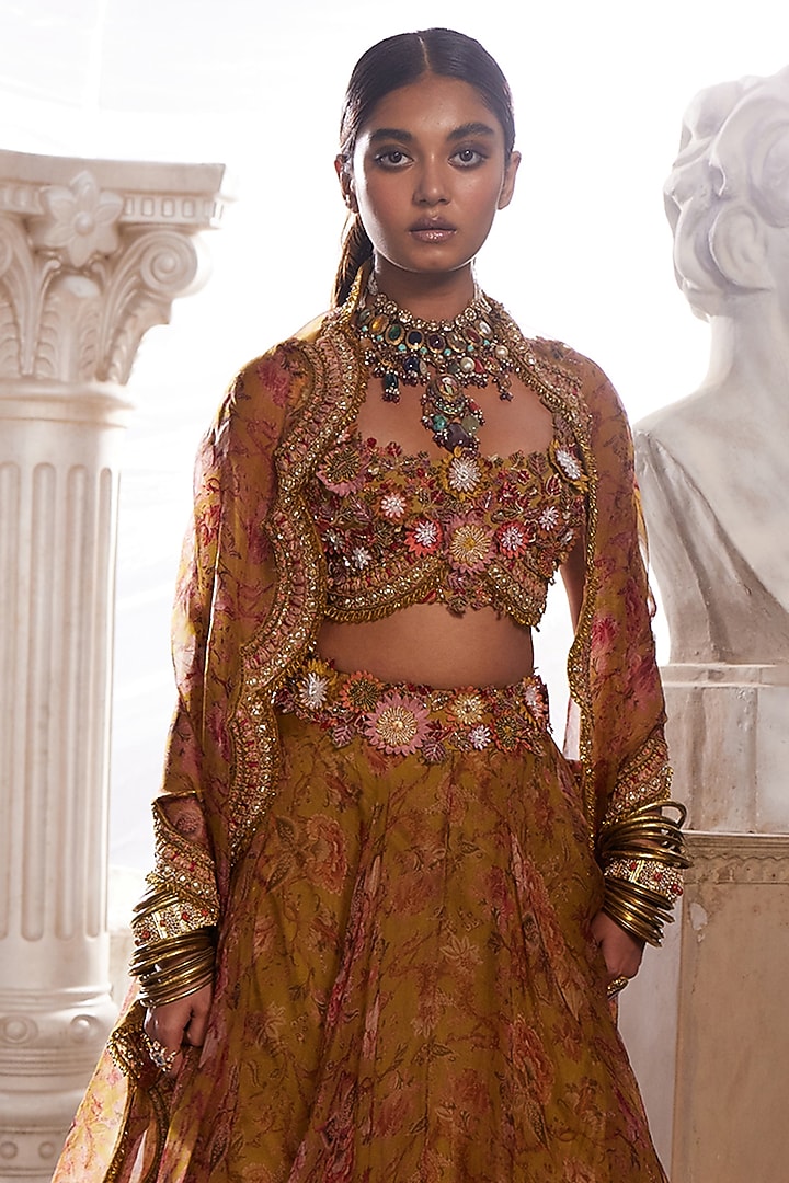 Yellow Organza Printed Wedding Lehenga Set by Ridhima Bhasin at Pernia's Pop Up Shop