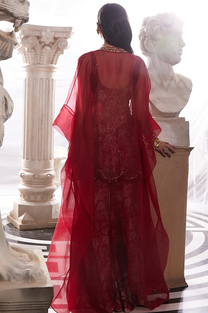 Red Chanderi Printed Wedding Sharara Set by Ridhima Bhasin at Pernia's Pop Up Shop