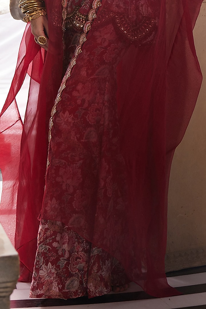 Red Chanderi Printed Wedding Sharara Set by Ridhima Bhasin at Pernia's Pop Up Shop