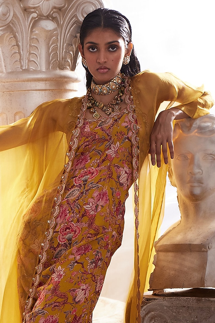 Yellow Rayon Printed Maxi Cocktail Dress by Ridhima Bhasin at Pernia's Pop Up Shop