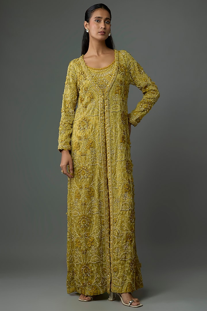 Mustard Yellow Organza & Crepe Jacket Set by Ridhima Bhasin at Pernia's Pop Up Shop