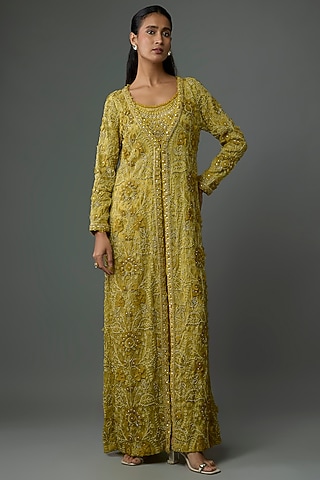 Mustard Yellow Organza & Crepe Jacket Set by Ridhima Bhasin