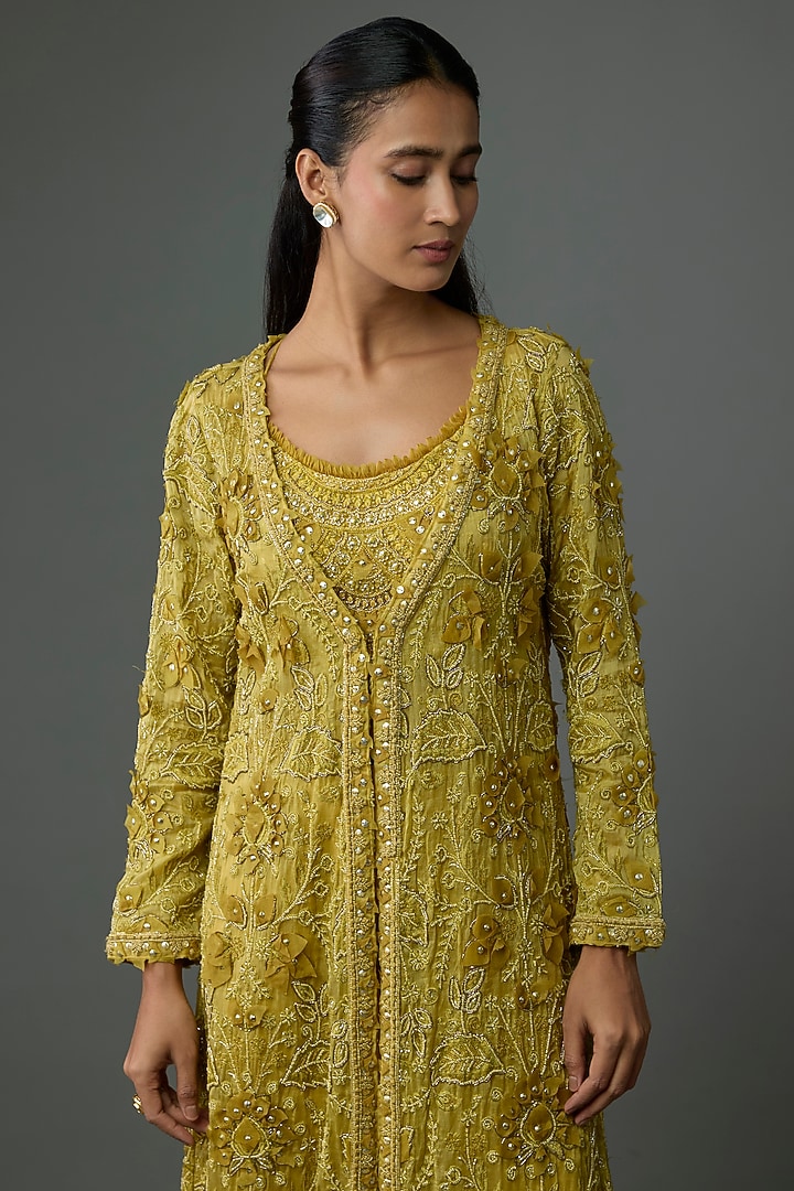 Mustard Yellow Organza & Crepe Jacket Set by Ridhima Bhasin at Pernia's Pop Up Shop