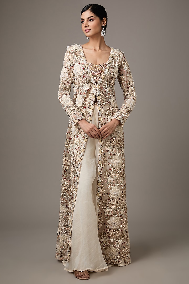 Ivory Organza & Pure Crepe 3D Floral Embellished Jacket Set by Ridhima Bhasin