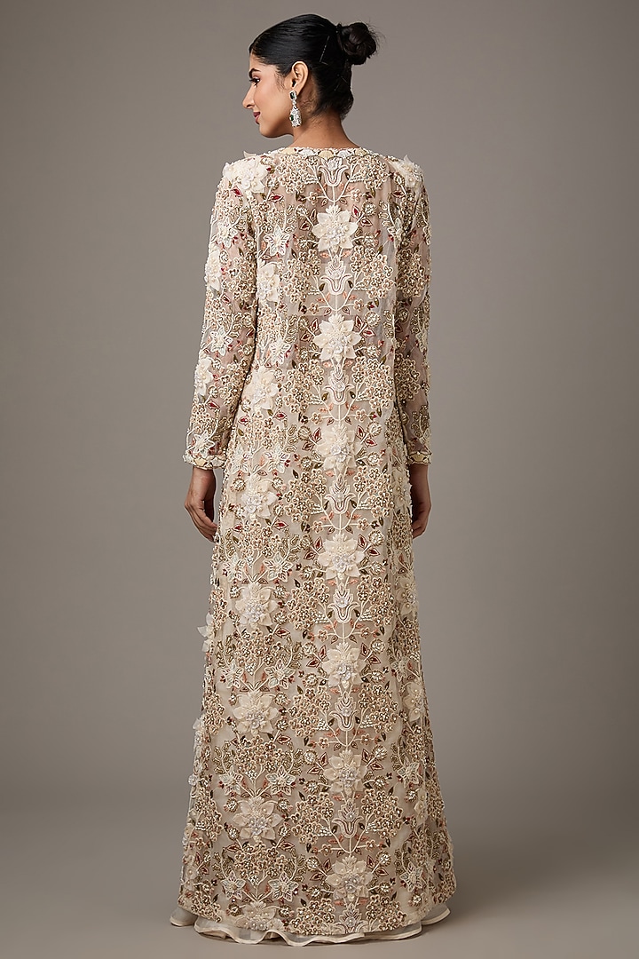 Ivory Organza & Pure Crepe 3D Floral Embellished Jacket Set by Ridhima Bhasin at Pernia's Pop Up Shop