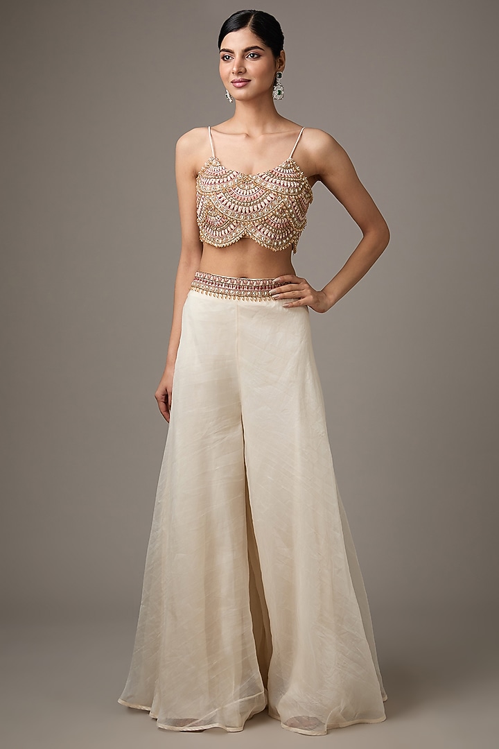 Ivory Organza & Pure Crepe 3D Floral Embellished Jacket Set by Ridhima Bhasin at Pernia's Pop Up Shop