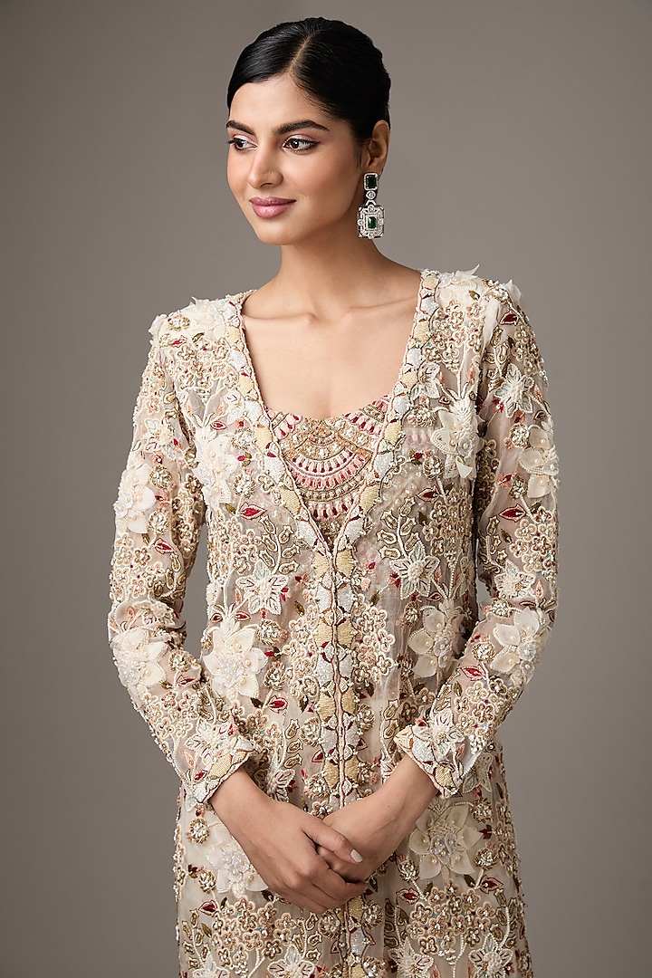 Ivory Organza & Pure Crepe 3D Floral Embellished Jacket Set by Ridhima Bhasin at Pernia's Pop Up Shop