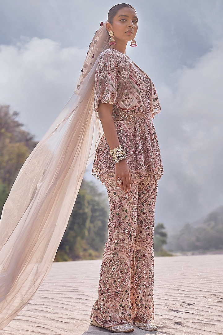 Ivory Net Hand & Machine Embroidered Co-Ord Set by Ridhima Bhasin at Pernia's Pop Up Shop