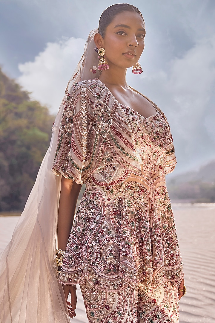 Ivory Net Hand & Machine Embroidered Co-Ord Set by Ridhima Bhasin at Pernia's Pop Up Shop
