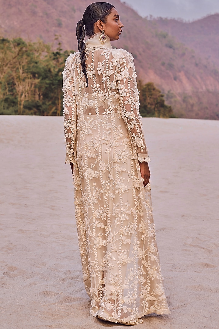 Ivory Organza & Crepe 3D Floral Embroidered Jacket Set by Ridhima Bhasin at Pernia's Pop Up Shop