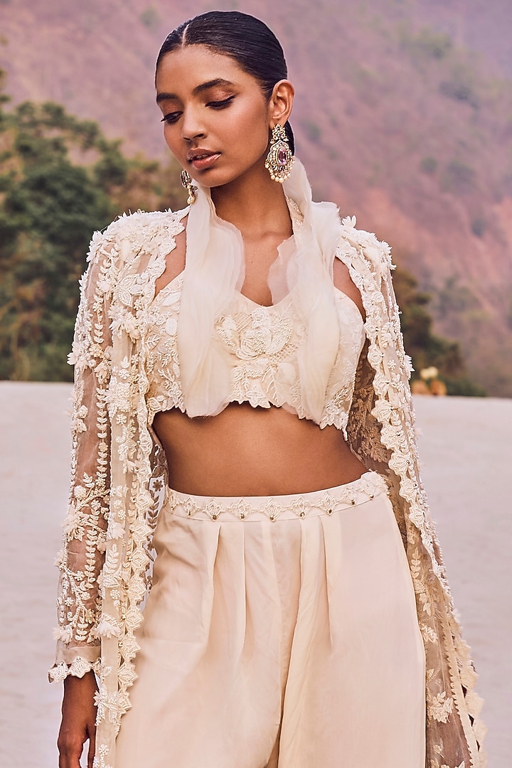 Ivory Organza & Crepe 3D Floral Embroidered Jacket Set by Ridhima Bhasin at Pernia's Pop Up Shop
