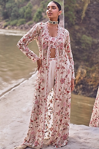 Ivory Organza 3D Floral Hand & Machine Embroidered Jacket Set by Ridhima Bhasin