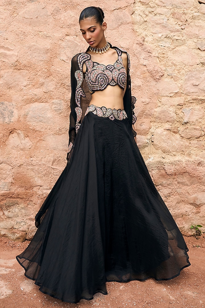 Black Organza Jacket Wedding Lehenga Set by Ridhima Bhasin at Pernia's Pop Up Shop