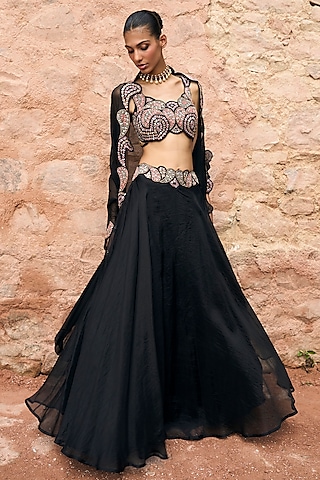 Black Organza Jacket Lehenga Set by Ridhima Bhasin