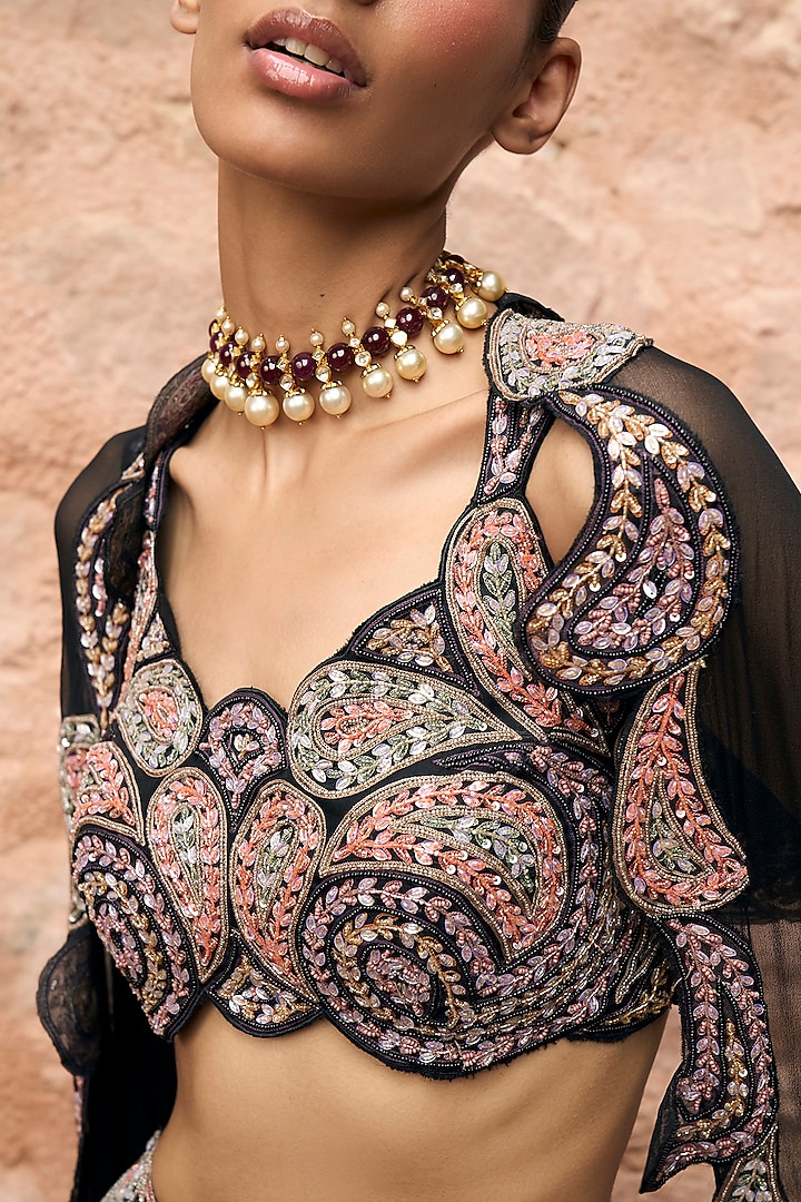 Black Organza Jacket Wedding Lehenga Set by Ridhima Bhasin at Pernia's Pop Up Shop