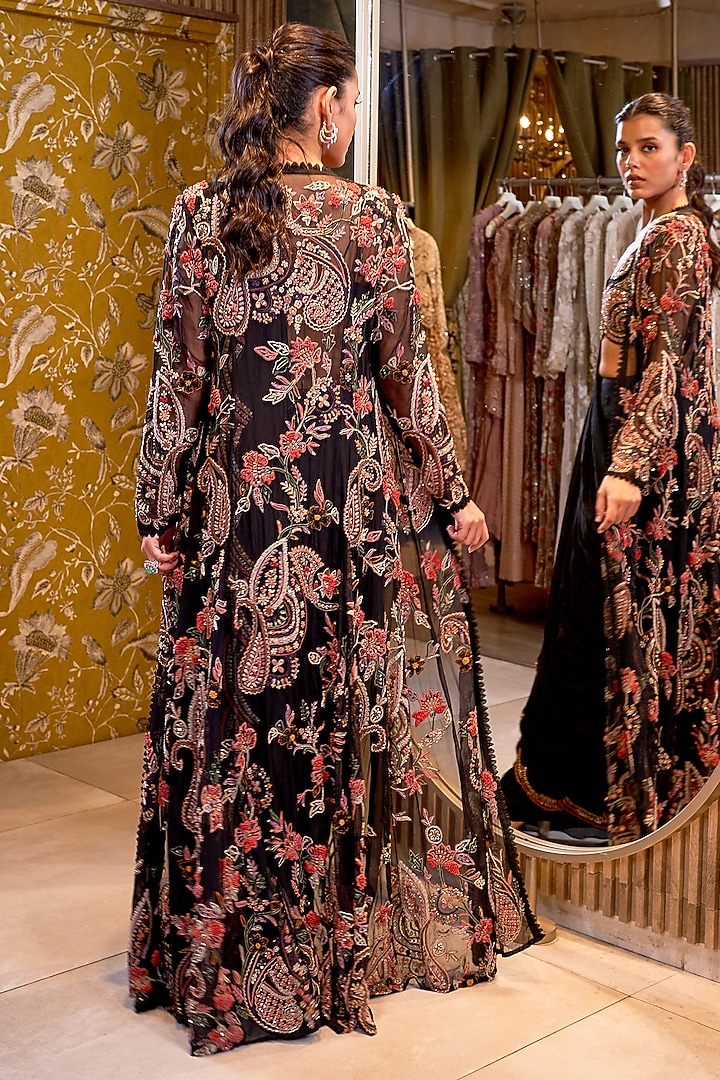 Black Flat Chiffon Floral Embroidered Pre-Draped Jacket Bridal Saree Set by Ridhima Bhasin at Pernia's Pop Up Shop