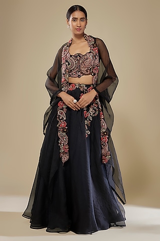 Black Organza Floral Embroidered Jacket Lehenga Set by Ridhima Bhasin