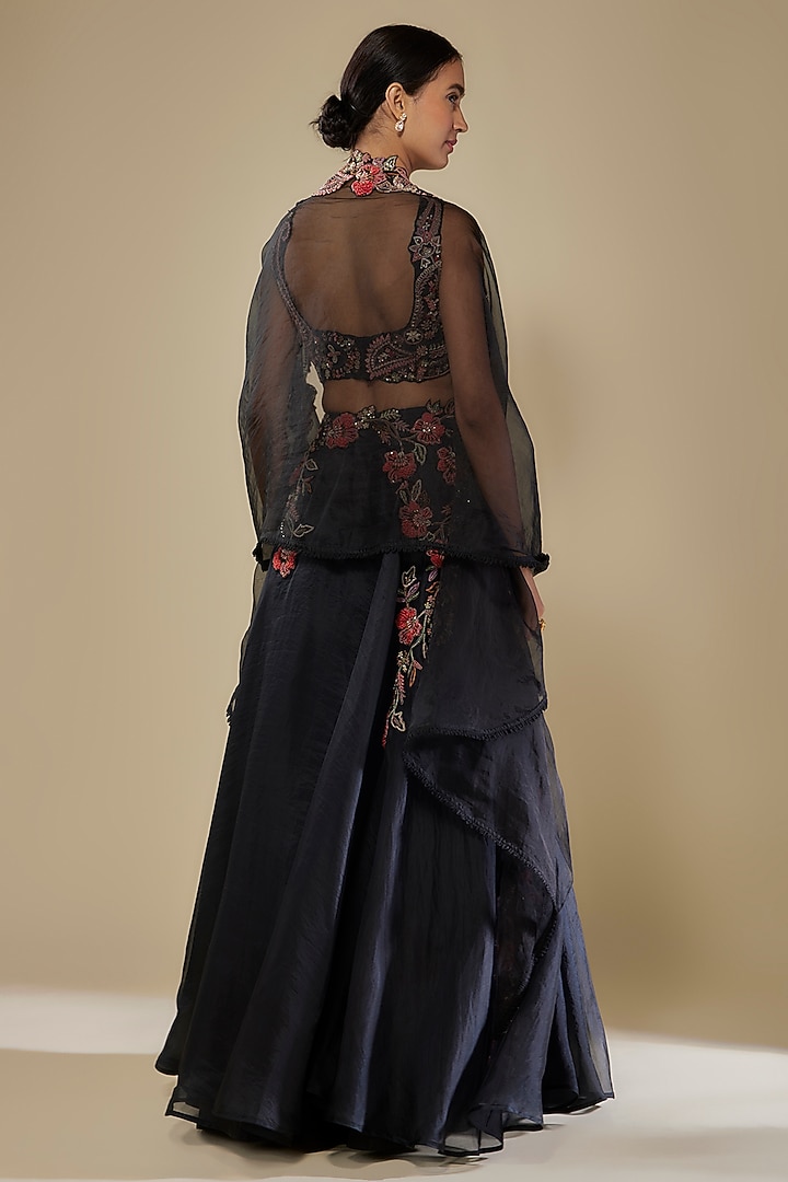 Black Organza Floral Embroidered Jacket Lehenga Set by Ridhima Bhasin at Pernia's Pop Up Shop