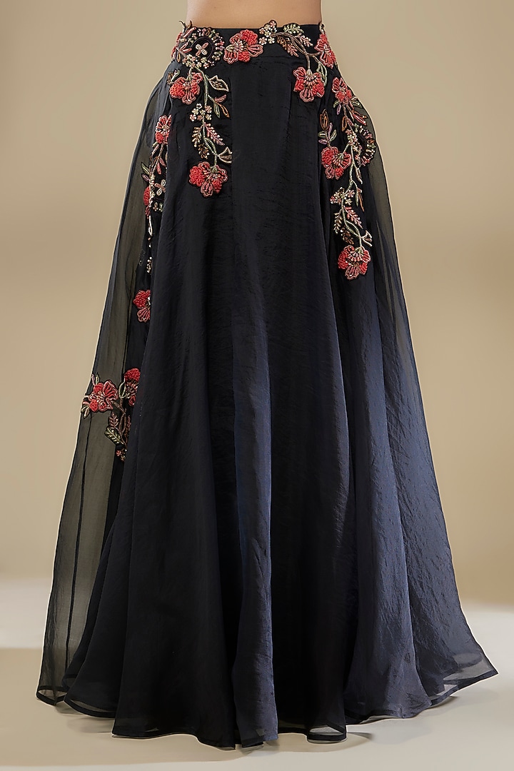Black Organza Floral Embroidered Jacket Lehenga Set by Ridhima Bhasin at Pernia's Pop Up Shop