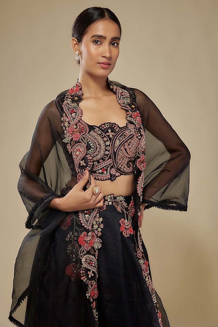 Black Organza Floral Embroidered Jacket Lehenga Set by Ridhima Bhasin at Pernia's Pop Up Shop