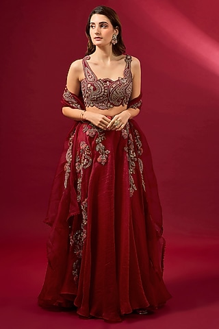 Red Organza Lehenga Set by Ridhima Bhasin