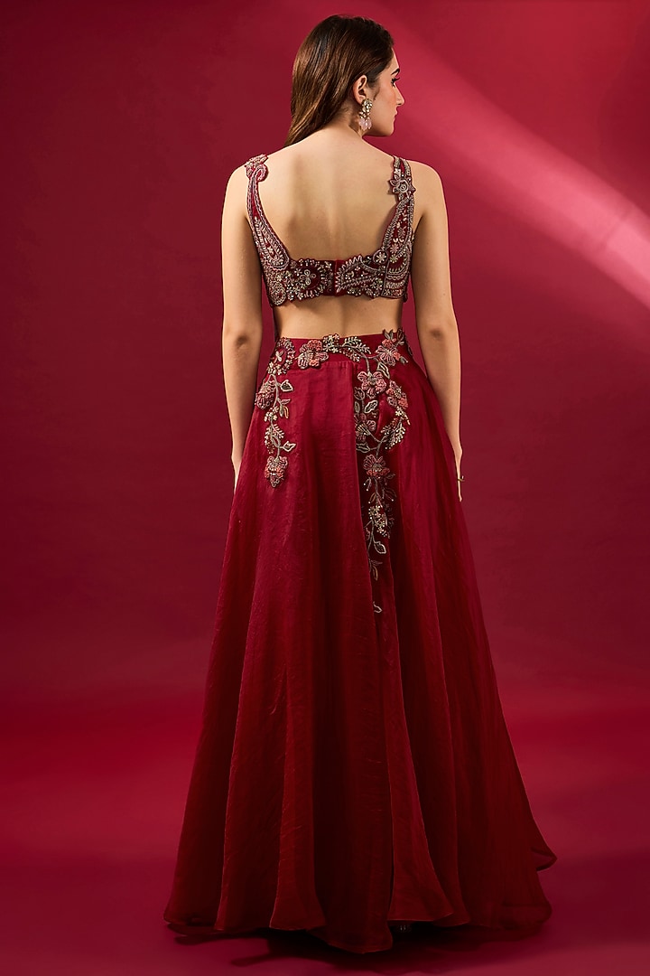 Red Organza Wedding Lehenga Set by Ridhima Bhasin at Pernia's Pop Up Shop