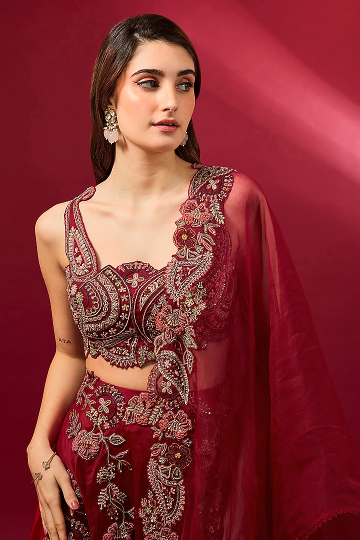 Red Organza Wedding Lehenga Set by Ridhima Bhasin at Pernia's Pop Up Shop