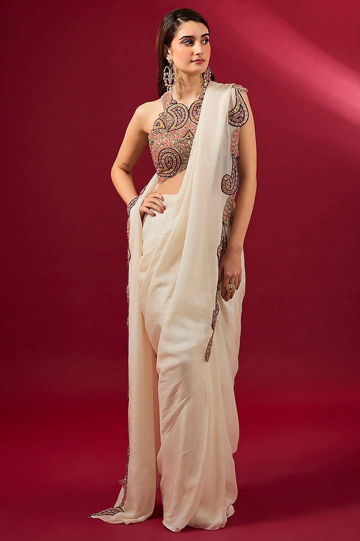 Ivory Organza & Flat Chiffon Saree Set by Ridhima Bhasin at Pernia's Pop Up Shop