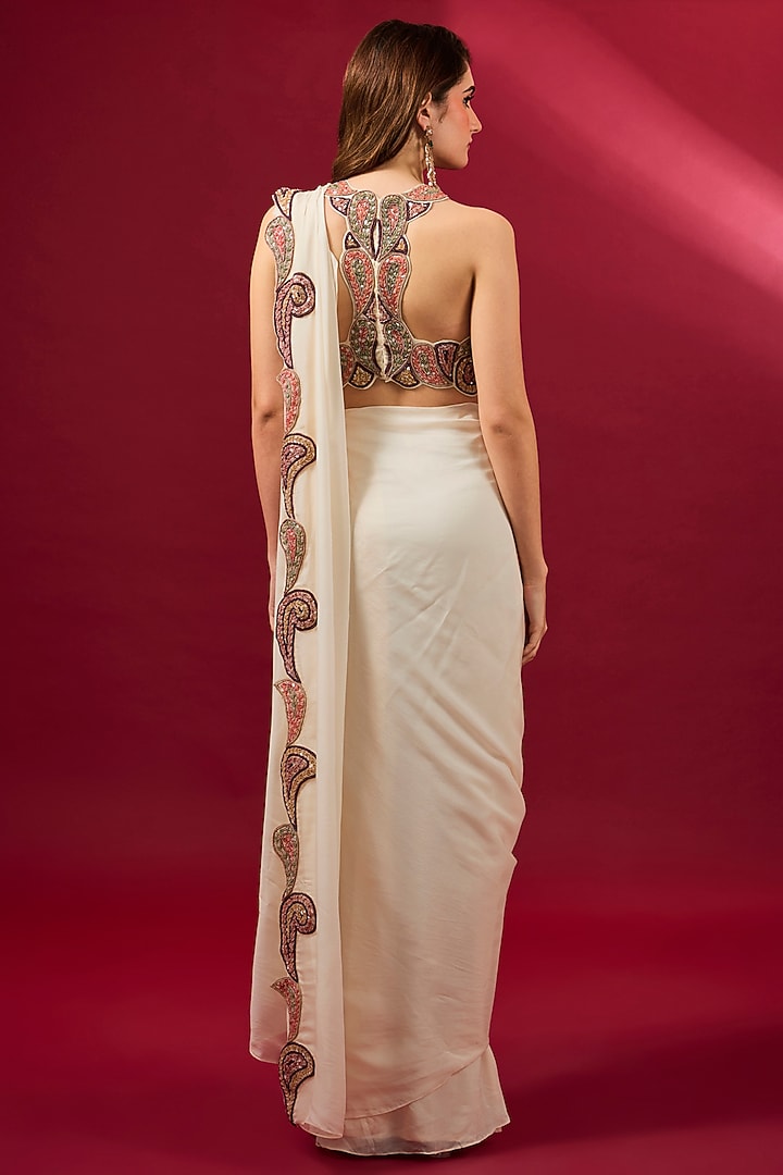 Ivory Organza & Flat Chiffon Reception Saree Set by Ridhima Bhasin at Pernia's Pop Up Shop