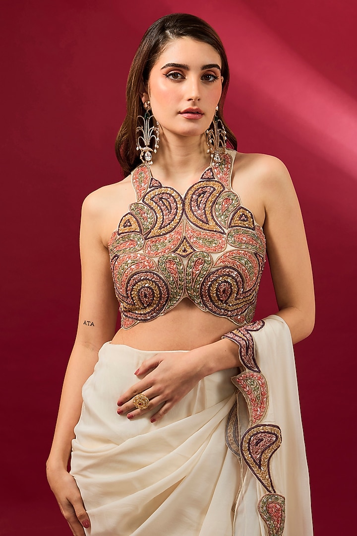 Ivory Organza & Flat Chiffon Reception Saree Set by Ridhima Bhasin at Pernia's Pop Up Shop