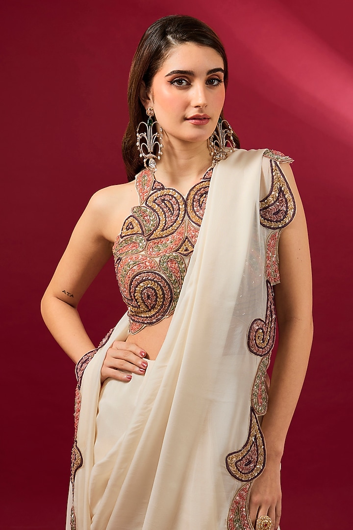 Ivory Organza & Flat Chiffon Reception Saree Set by Ridhima Bhasin at Pernia's Pop Up Shop