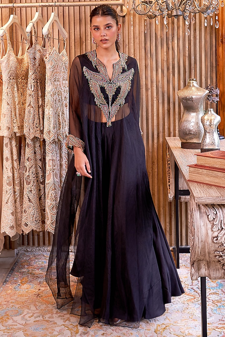 Black Organza & Silk Palazzo Pant Set by Ridhima Bhasin at Pernia's Pop Up Shop