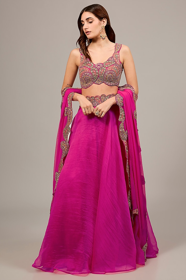 Pink Organza Embroidered Wedding Lehenga Set by Ridhima Bhasin at Pernia's Pop Up Shop