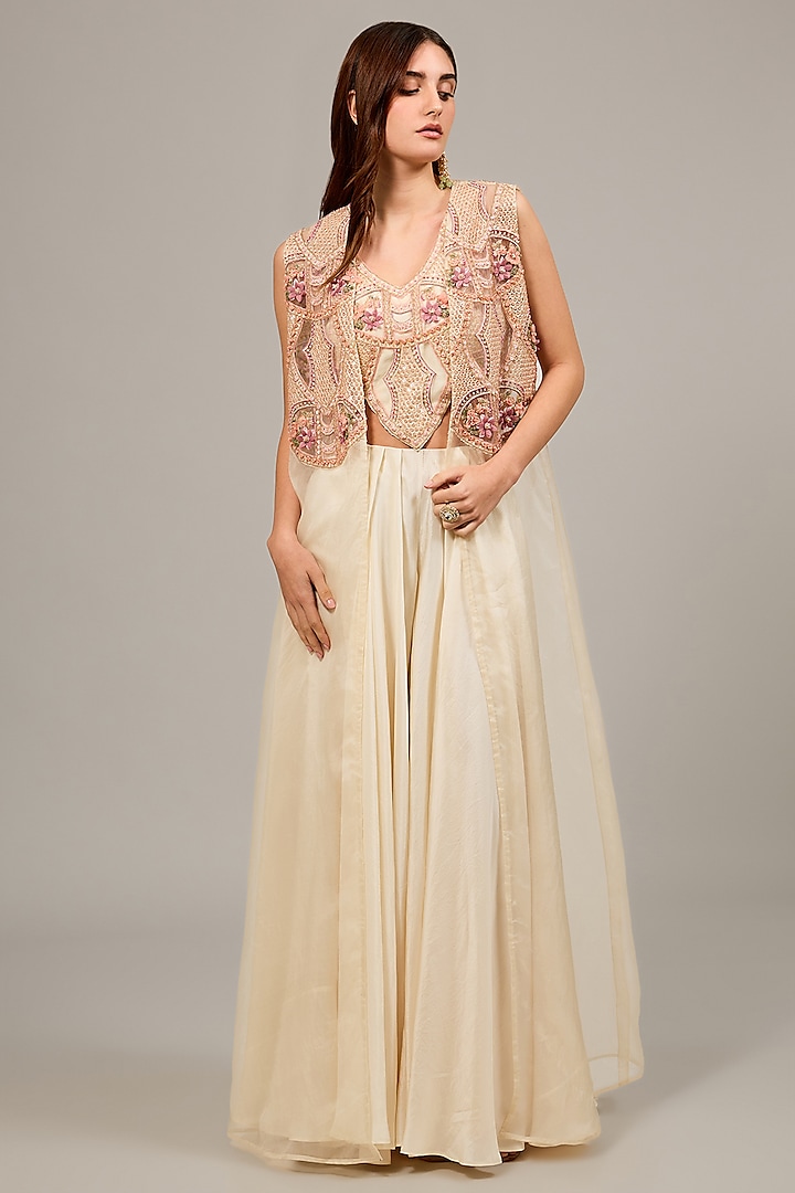 Ivory Organza Embroidered Jacket Set by Ridhima Bhasin at Pernia's Pop Up Shop