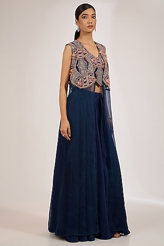 Blue Organza Embroidered Jacket Set by Ridhima Bhasin