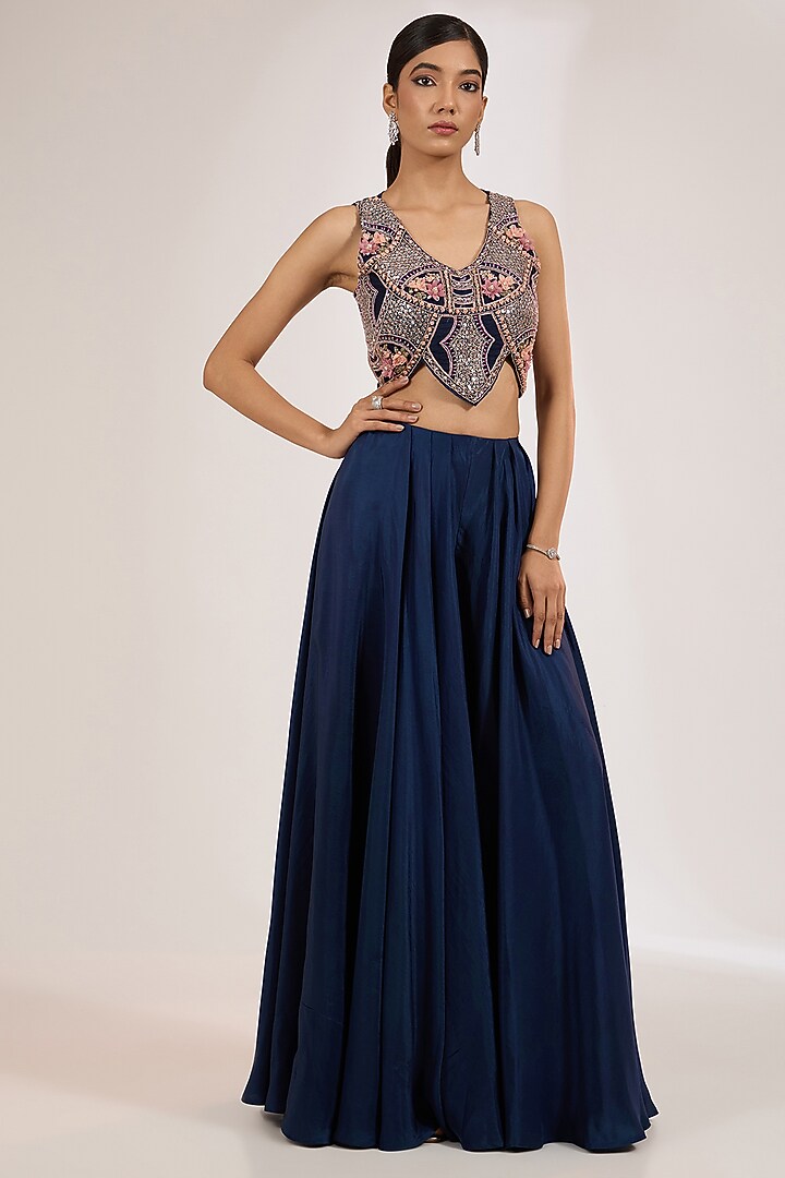 Blue Organza Embroidered Jacket Set by Ridhima Bhasin at Pernia's Pop Up Shop