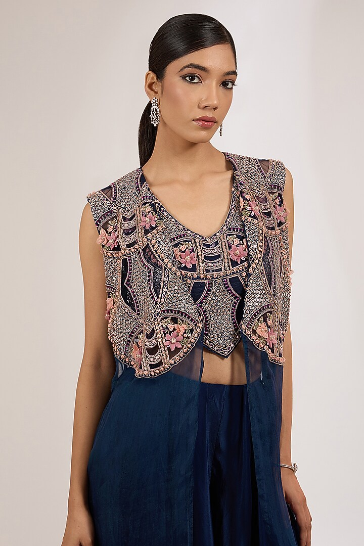 Blue Organza Embroidered Jacket Set by Ridhima Bhasin at Pernia's Pop Up Shop
