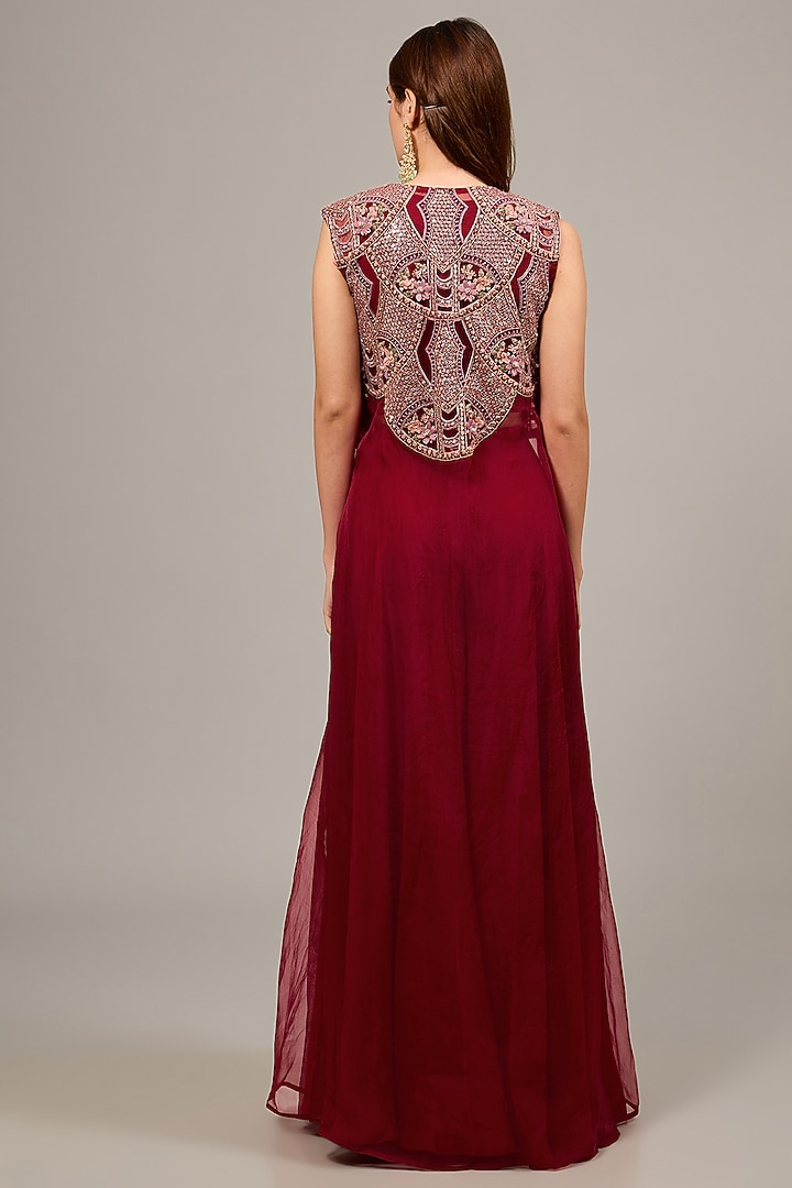 Red Organza Embroidered Jacket Set by Ridhima Bhasin at Pernia's Pop Up Shop