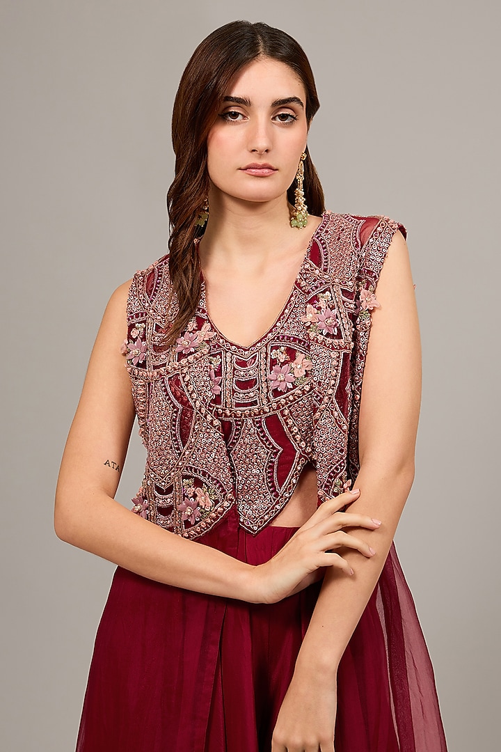 Red Organza Embroidered Jacket Set by Ridhima Bhasin at Pernia's Pop Up Shop