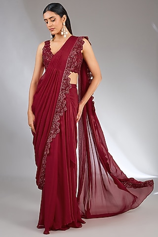 Red Chiffon Embellished Saree Set by Ridhima Bhasin