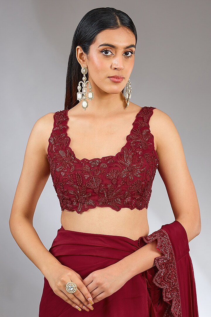 Red Chiffon Embellished Reception Saree Set by Ridhima Bhasin at Pernia's Pop Up Shop
